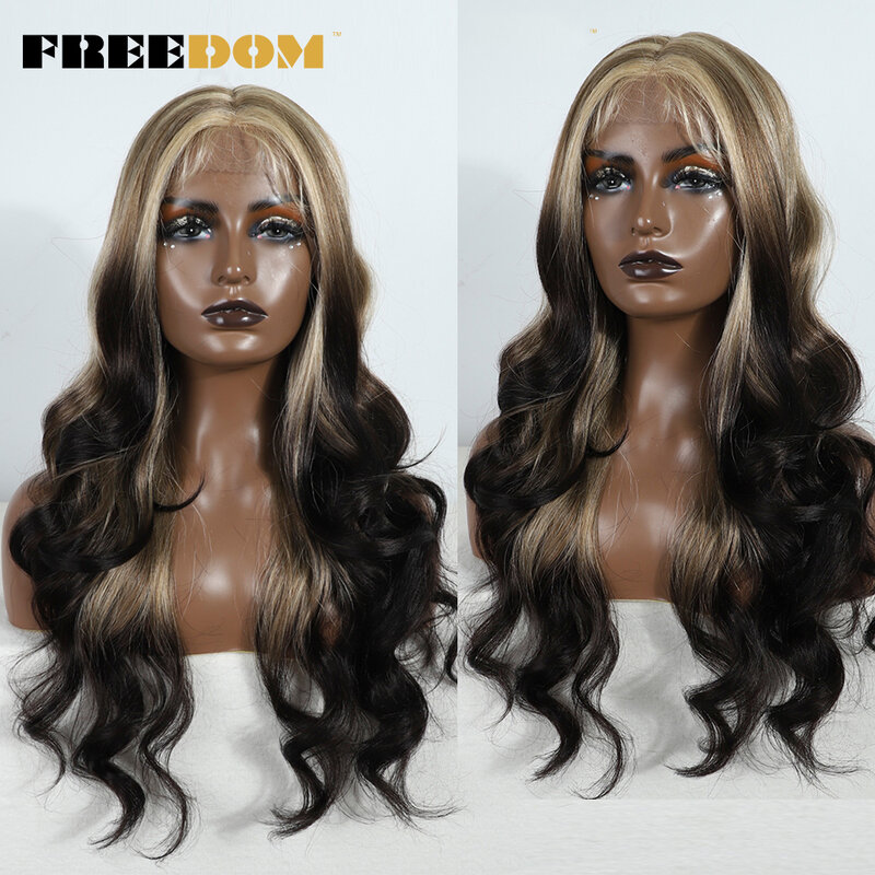FREEDOM Ombre Blonde Body Wave Synthetic Lace Front Wigs For Women 26 inch Highlight Natural Hairline Heat Fiber Cosplay Wig