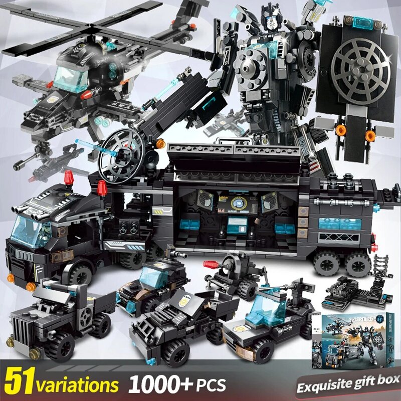 1000+PCS City Police Station Car Headquarters Building Blocks Truck SWAT Figure WW2 Military Bricks Toys for Children Kids