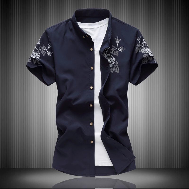 Рубашка мужская приталенная с коротким рукавом, маленький эластичный джемпер с принтом, модная деловая блуза с фонариками, большие размеры 7XL, лето