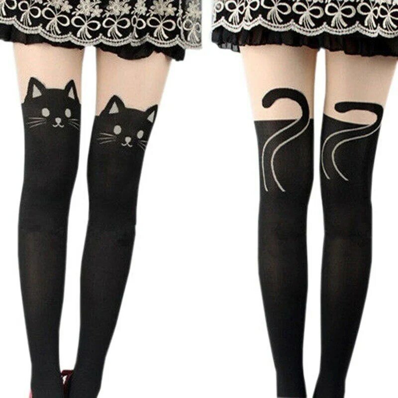 Kaus kaki wanita selutut motif kucing hitam lucu kasual katun paha hangat tinggi di atas lutut kaus kaki romantis lucu