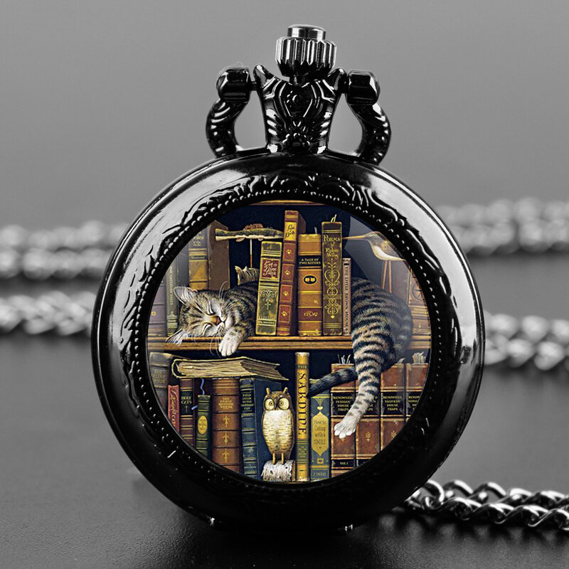 Reloj de bolsillo de cuarzo con diseño de gato creativo para hombre y mujer, pulsera con cúpula de cristal, colgante, cadena, encanto, regalo de joyería