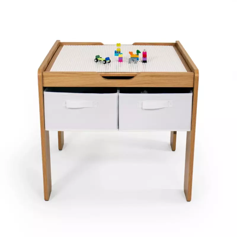 Kids Wood Building Block-Compatible Table with 4 Bins, White/Natural Wood