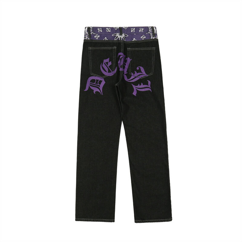 Y2k retro sanskryt czarne dżinsy street casual spodnie punk mężczyzna hip-hop druku luźne Harajuku męskie proste spodnie ins gorąca sprzedaż