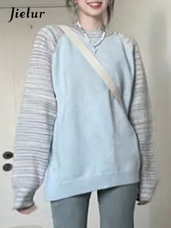 Jielur Preppy Stijl Casual Spell Kleur Vrouwelijke Truien Mode Amerikaanse Losse Chique Slanke O-hals Dames Trui Eenvoudige Pullover