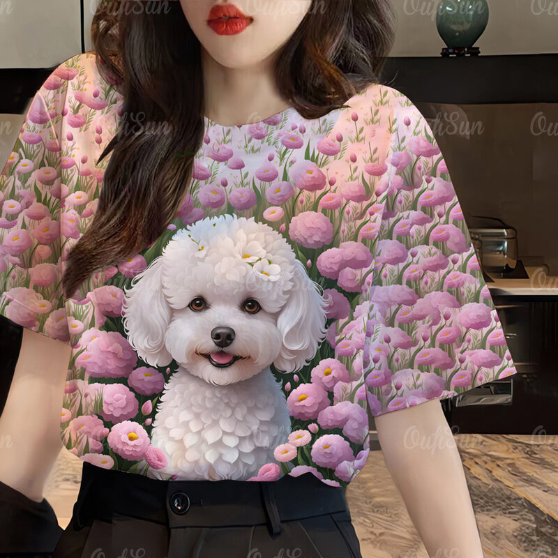 Camiseta feminina com gola redonda, blusa de manga curta, roupa versátil, impressão 3D para cães, tamanho grande, moda verão
