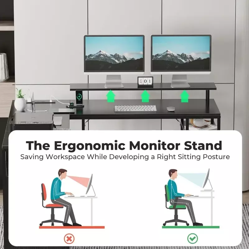 L Shaped Desk With Monitor Stand & Storage Shelves Corner Desk Home Office Desk Table Pliante Black Room Desks Furniture Reading
