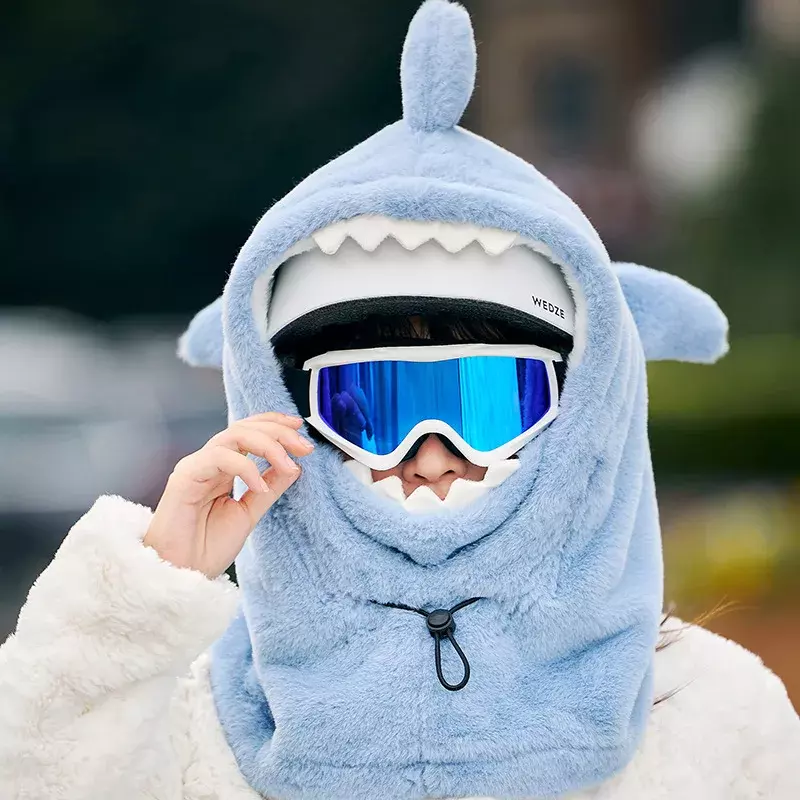 Shark漫画フリーススキーヘルメットカバー、暖かく快適、ソフト、フリース、キュート、ヘッドウォーマー、フード、ネックウォーマー、冬