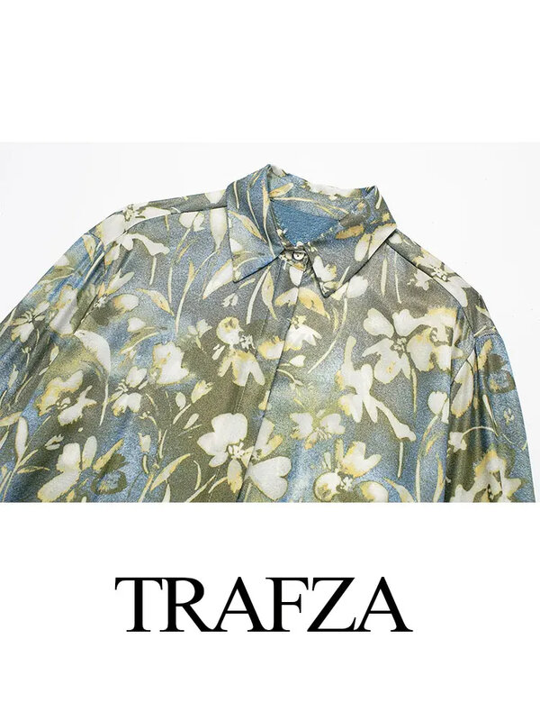 TRAFZA-traje Retro con estampado de flores metálicas, Falda plisada de cintura alta + solapa, manga larga, camisa de botonadura única, 2024