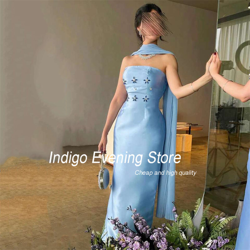 Indigo Prom Dresses Mermaid Strapless Beading Ankle-Length Satin Elegant Stone Split Open Back Evening Gown For Women فساتين الس