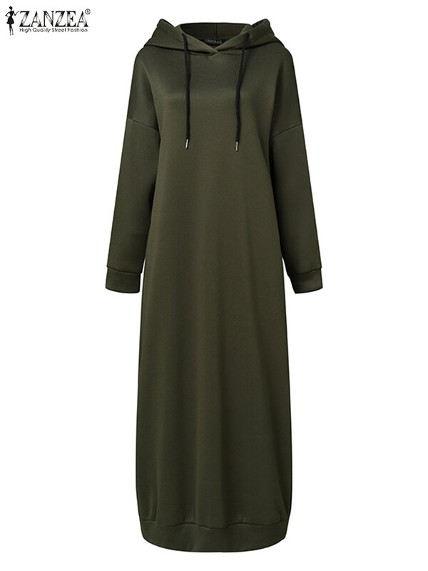 ZANZEA Women's Sweatshirt Dress 2023 Stylish Hoodies Long Sleeve Maxi Dress Female Casual Solid Hooded Vestidos Robe