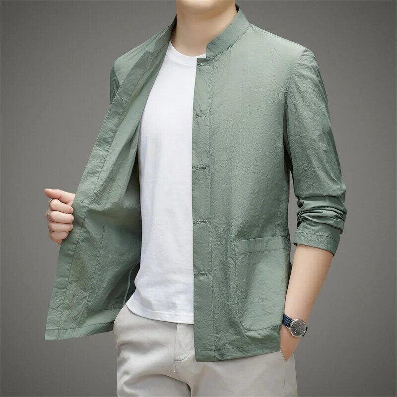 Ice Silk Sun-Protective Clothing Men's Shirt Summer Stand Collar Slightly Wrinkled Casual Breathable Thin Jacket Jacket for Men