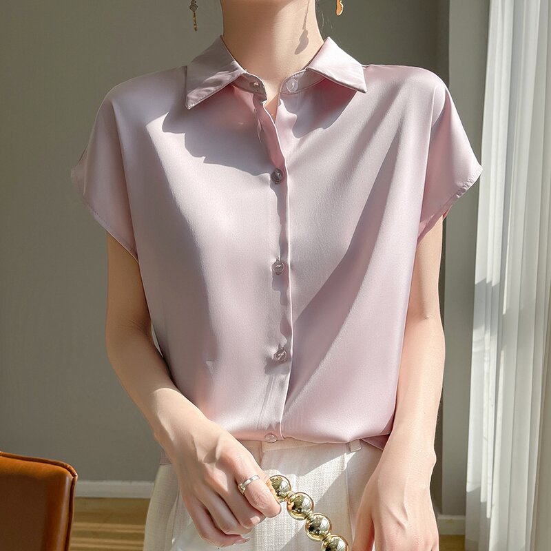 Summer Women's Short sleeved Silk Satin Surface Polo Collar Shirt 2024New Temperament Loose Fitting Solid Cardigan Versatile ToP
