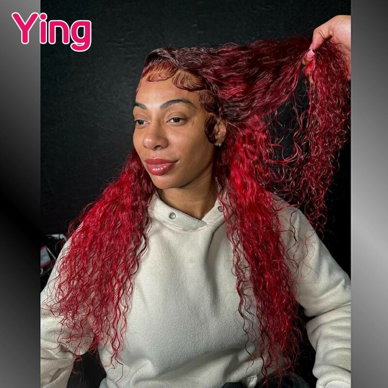 Ying-peruca de onda encaracolada com cabelo de bebê, peruca sem cola, cabelo humano pré-arrancado, peruca vermelha escura, vermelho escuro, 13x4, 13x6, 200%