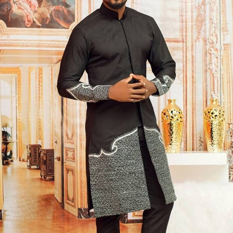 Męski zestaw z wyszywany Top i solidny kolor spodnie nowa afrykańska zestaw na co dzień w stylu etnicznym odzież dla muzułmanów nowy 2023 mężczyzn