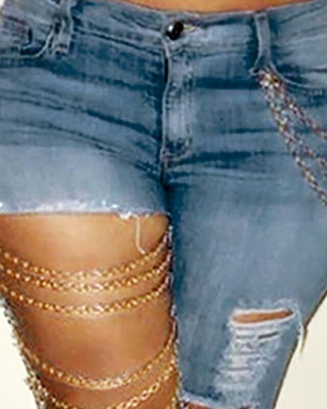 Женские джинсовые брюки-карандаш, модные персонализированные облегающие брюки из денима с разрезом, украшенные цепочкой, 2024