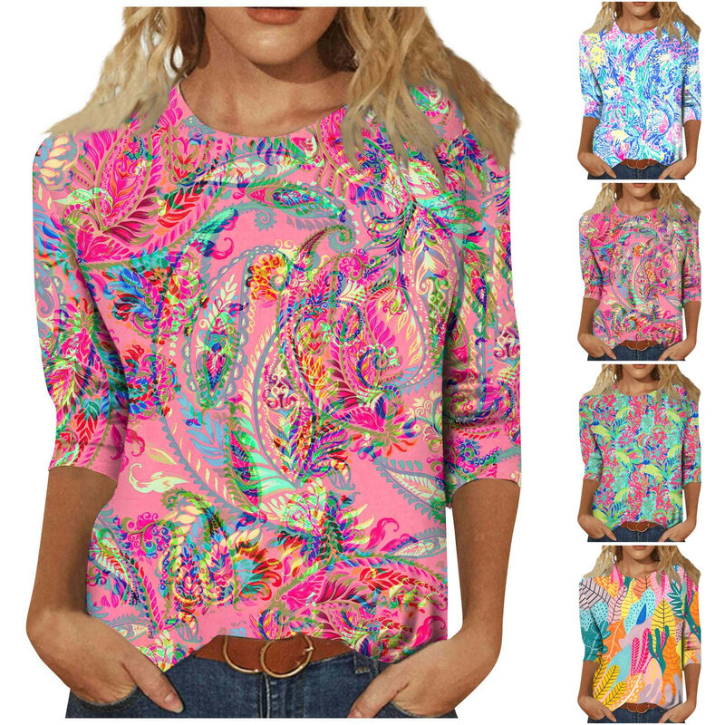 Женские рубашки с рукавом 3/4, милые футболки с графическим принтом, блузки, Повседневные базовые Топы, пуловер, женский топ