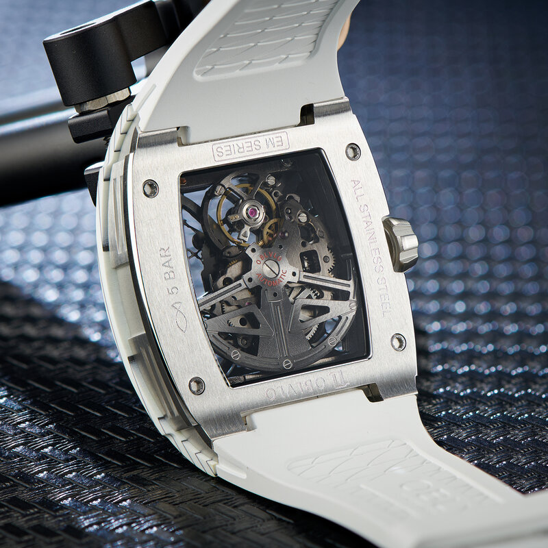 Oblvlo topo relógio de moda da marca relógio para o homem esqueleto quadrado relógio mecânico automático com pulseira de borracha relógios EM-S