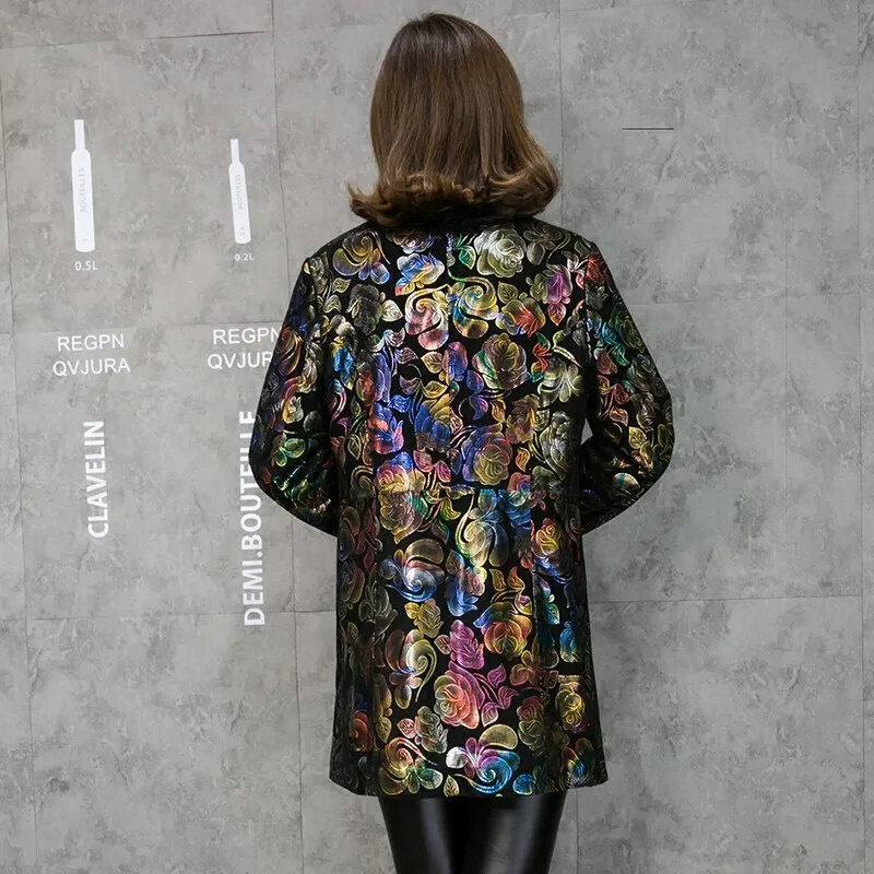 Multicolor Floral Print Genuine Leather Trench Coat, Real Lambskin Coats, Casacos Longos, Moda, Frete Grátis