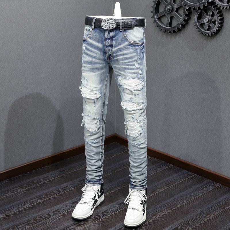 Retro azul Stretch Skinny Fit Jeans masculino, jeans rasgado, couro remendado, designer de calças marca Hip Hop, moda, streetwear, Fit, buraco