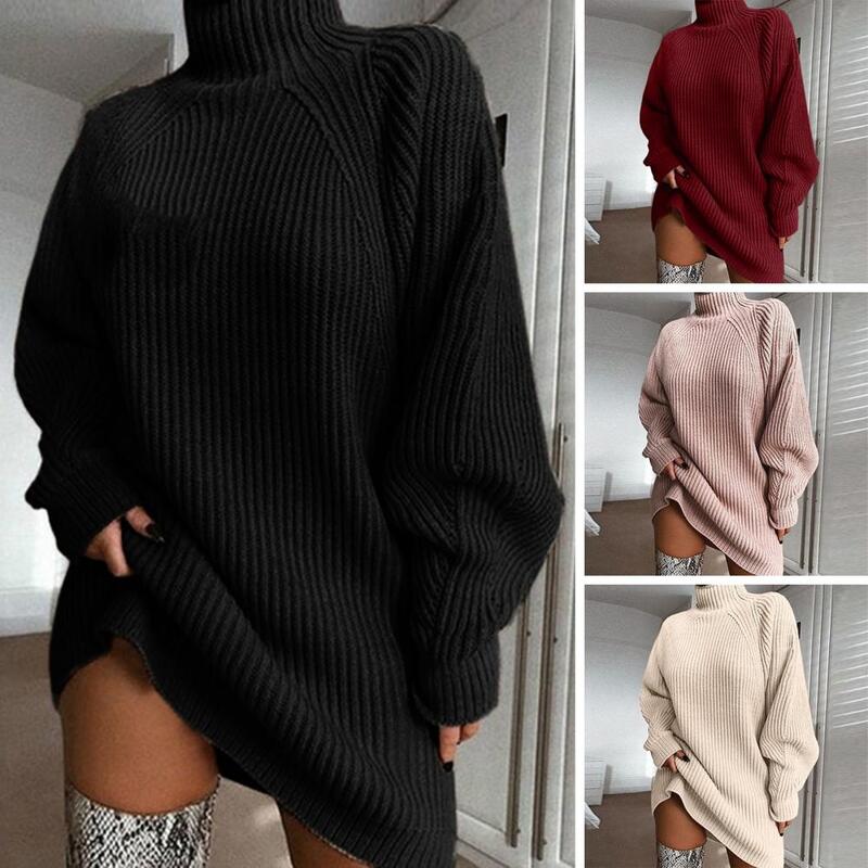 Vestido de suéter de cuello alto cálido para mujer, suéter de punto elegante, vestido de suéter cálido, ajuste suelto, cuello alto, manga larga, otoño