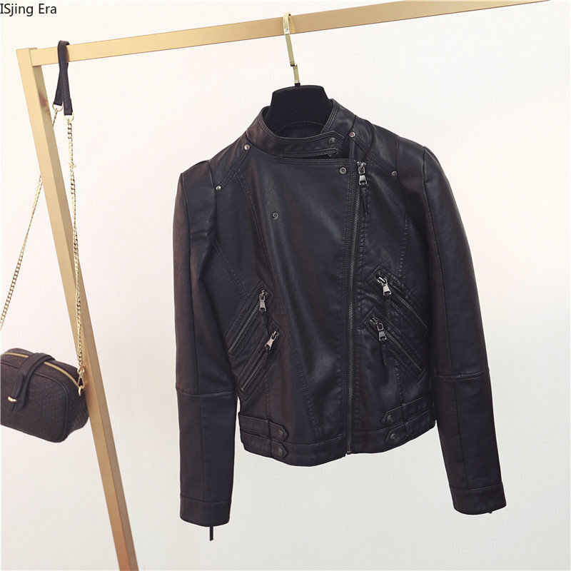 2023 Women Leather Jacket PU Leather Motorcycle Slim Fit Jacket Q3