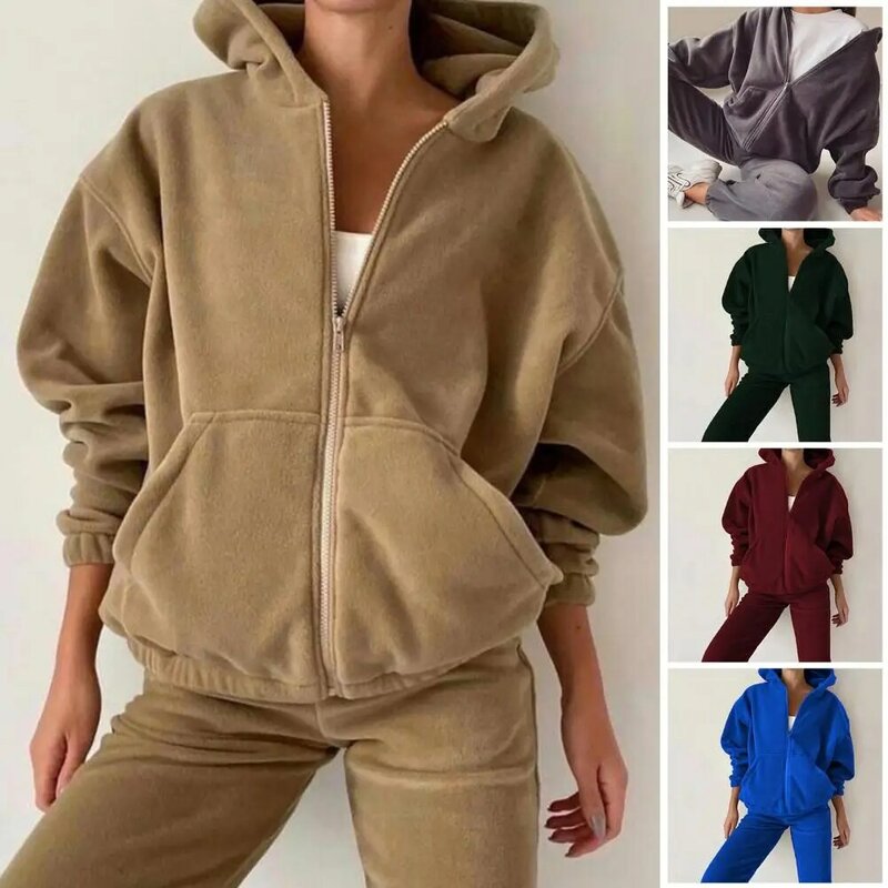 2Pcs/Set Long Sleeves Zipper Placket Cuffs Women Tracksuit Suit Fall Winter Hooded Sweatshirt Jogging Pants Set Streetwear