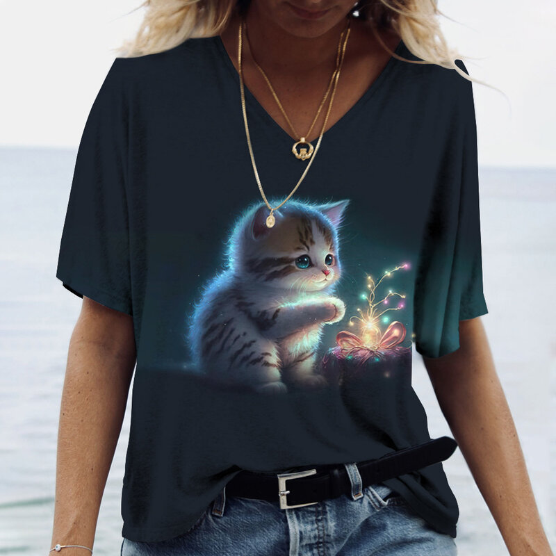 เสื้อยืดพิมพ์ลาย3D ลูกแมวน่ารักสำหรับผู้หญิงเสื้อยืดแขนสั้นคอวีแนวฮาราจูกุทรงหลวม busana Casual ฤดูร้อน
