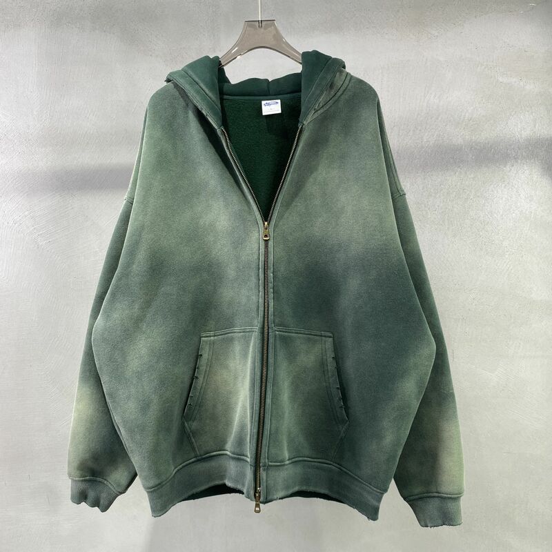 2023 winter thickened spray-dyed vintage double-zippered hoodie