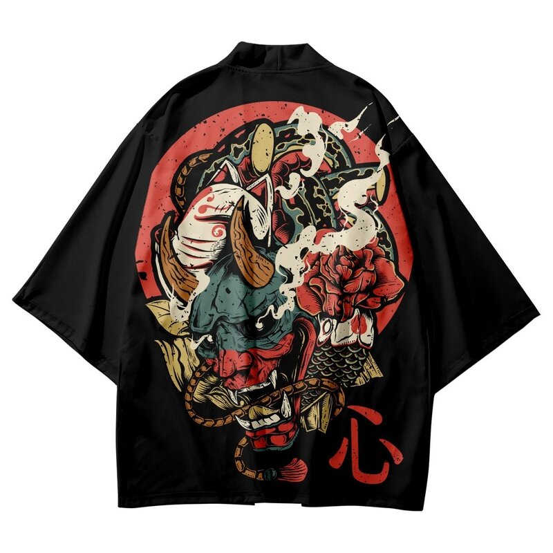 Mężczyźni Yukata Cosplay czarny Demon drukuj samuraj Streetwear Haori Kimono japońskie Anime azjatyckie kobiety luźny kardigan