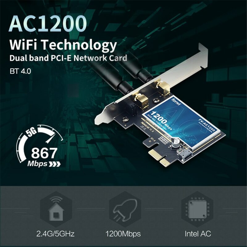 FENVI 1200Mbps Wireless WiFi Card PCIE Adapter FV-AC1200 Dual Band 2.4Ghz/5Ghz 802.11AC For Bluetooth4.0 WiFi Adapter Win7/10/11