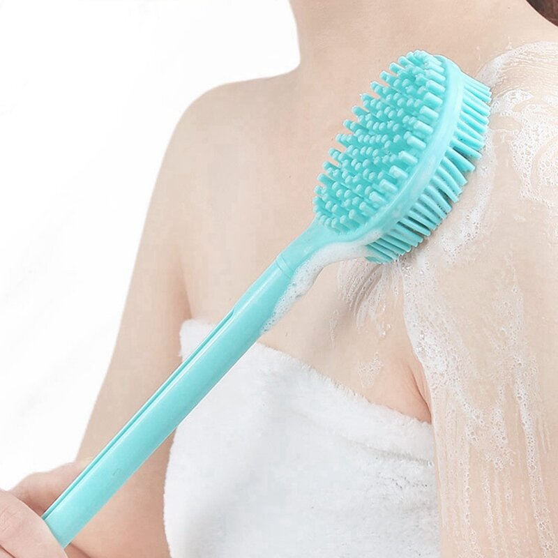 2X Double-Sided Shower Body Brush Silicone Long Handle Bathroom Wash Brush Bathing Massage Back Body Exfoliating Brush