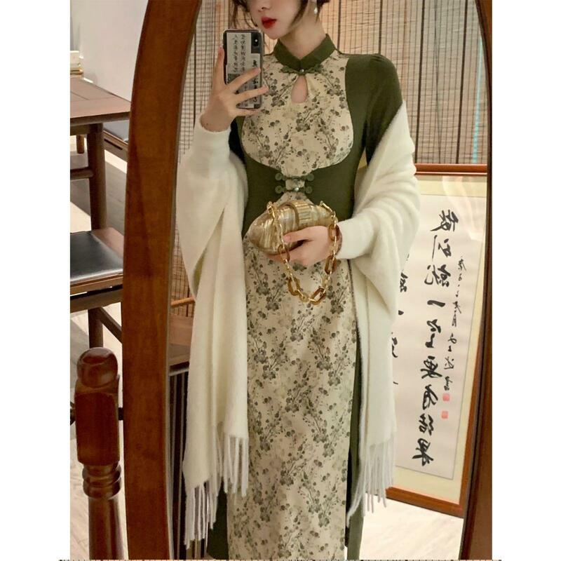 Nowy chiński styl orientalny ulepszona dama wdzięczna kobieta tradycyjna malowidło tuszowe druk kwiatowy smukłe Cheongsam sukienka w stylu Qipao
