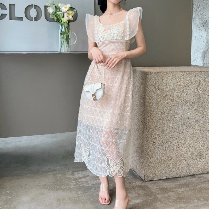 Elegant  Summer Women Dress Lace Bodycon Sleeveless Hollow Out Apricot Mesh Vestido Ladies Square Neck Vintage Clothing Runaway
