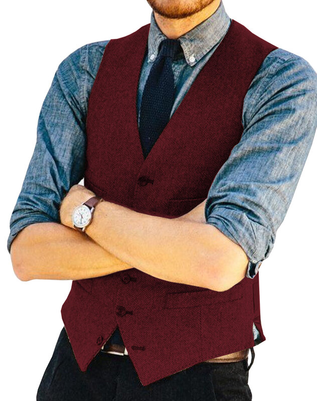 Мужской костюм бордовый приталенный деловой шерстяной твидовый с V-образным вырезом