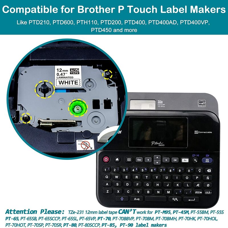 Fita de etiqueta Brother p-touch, 1 peça, 12mm, compatível com o irmão tze335, 131, fx231, fx221, 6/9/12mm, pth110, d210