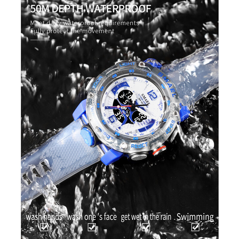 SMAEL-reloj deportivo para hombre, cronómetro analógico de cuarzo con pantalla Digital LED, resistente al agua, color verde y naranja, 8058