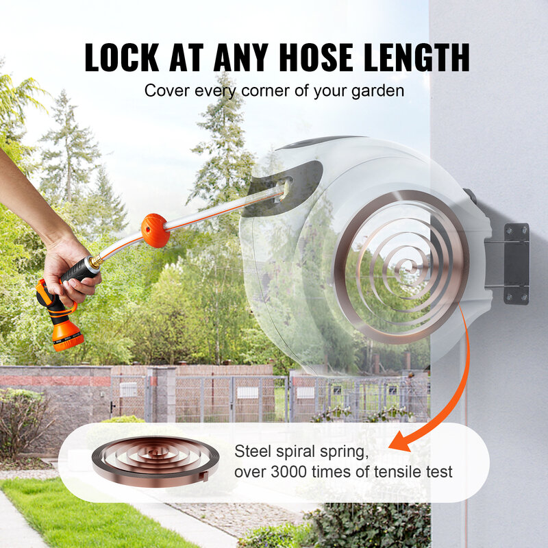 VEVOR Retractable Hose Reel 180° Swivel Bracket Wall-Mounted Garden Water Hose Reel with 9-Pattern Nozzle Automatic Rewind