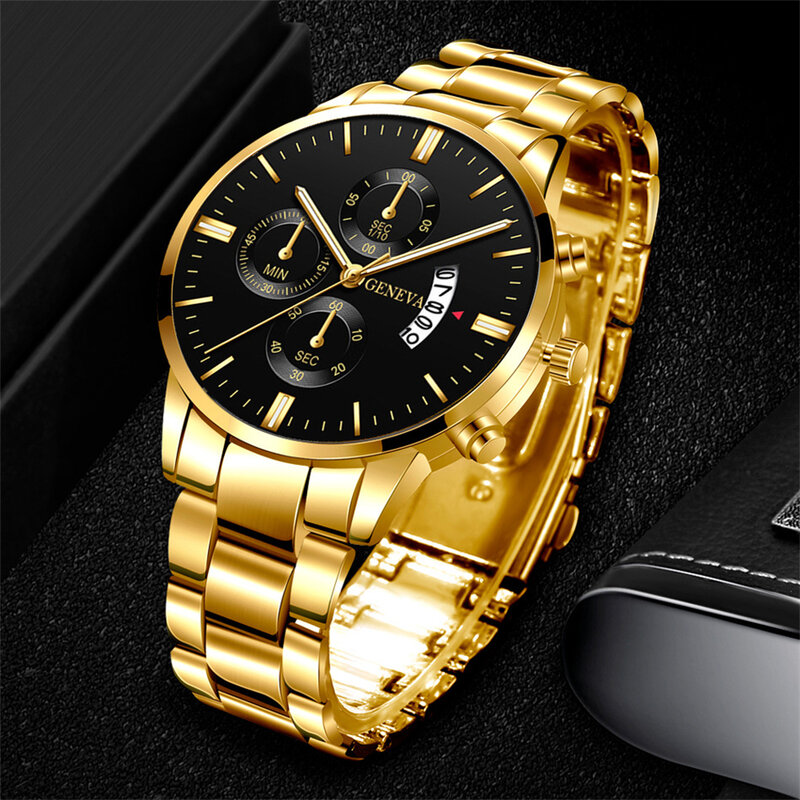 Herren lässig Gold Farbe Edelstahl Uhr Mode Luxus Kalender Quarz Armbanduhr Herren Business Uhren für den Menschen