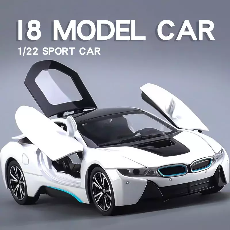 BMW-I8 Simulação Modelo de Carro de Liga, Ornamento Diecast, Som e Luz, Função Puxar, Coleção Brinquedos, Presentes para Crianças, Meninos, 1:24