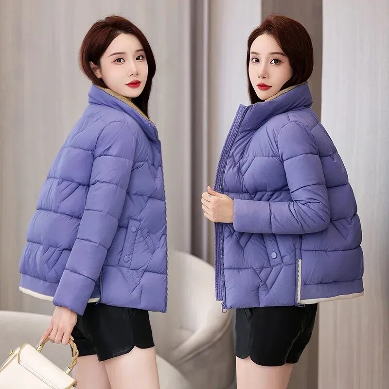 Jaket mantel Parka wanita, jaket mantel pendek pakaian luar hangat kerah berdiri di bawah katun musim dingin 2023