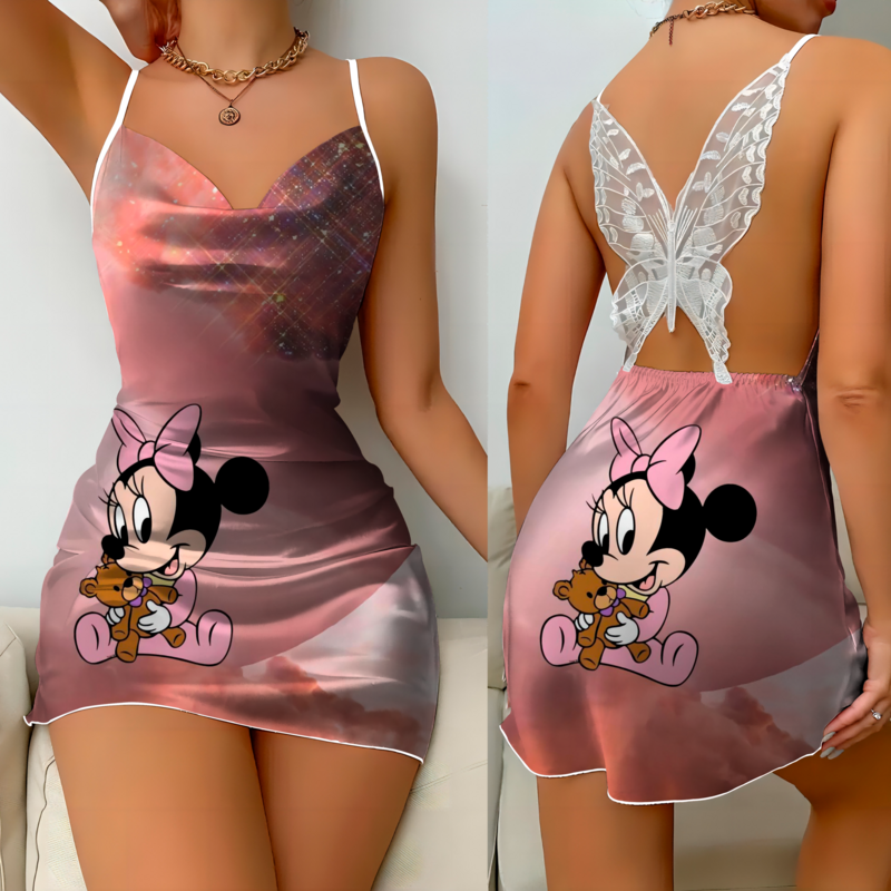 Gaun tanpa punggung gaun seksi permukaan Satin Minnie Mouse Mickey Disney piyama rok simpul pita Wanita Mode Musim Panas 2024 pesta Mini