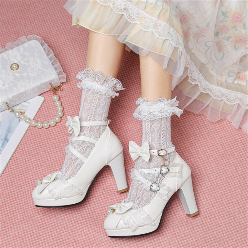 Girls Shoes Women High Heels Mary Jane Girls Shoes Party Wedding Cosplay White Pink Lace Ruffles Bow Princess Lolita Pumps 32-43