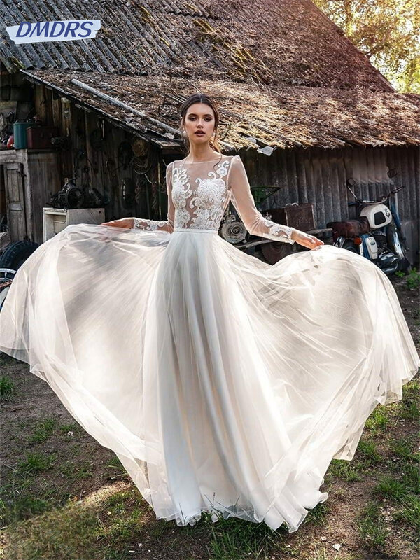 Elegante Spitze Brautkleider sexy Kleider mit transparenten Trägern einfach bedrucktes Muster Tüll Kleid vestido de novia