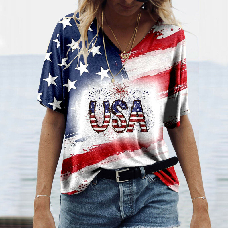 女性用半袖Tシャツ,シンプル,カジュアル,カラフル,独立記念日,無地,女性用,アクティブ,サマー