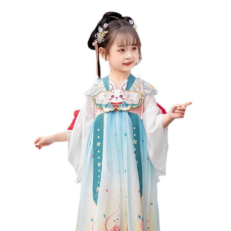 Verão meninas hanfu super fada traje antigo estilo chinês coelho bordado vestido tang terno