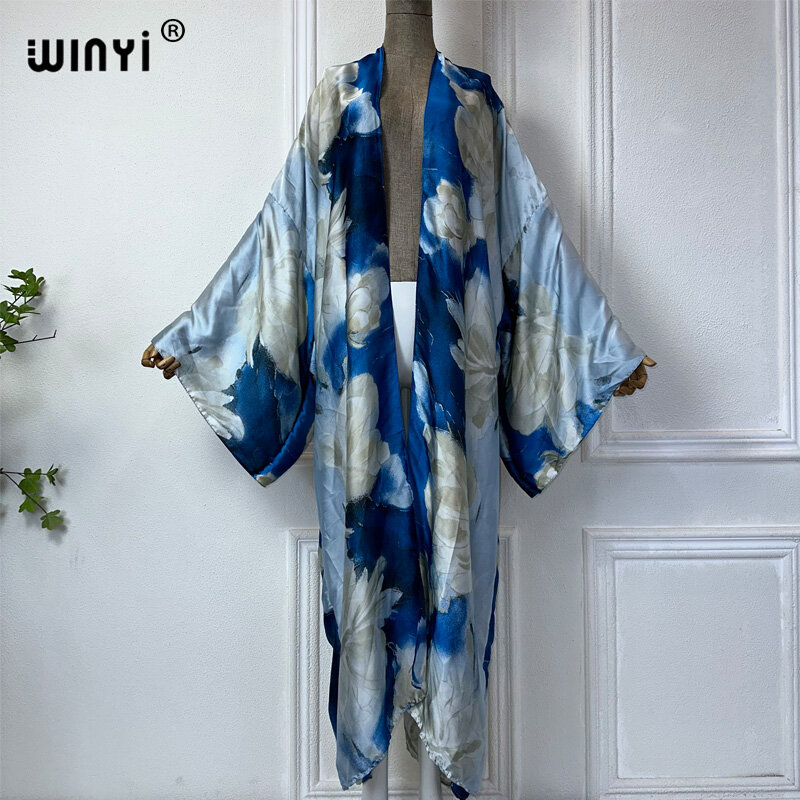 WINYI-Boho Flower Print Vestido de quimono, Vestido Maxi Africano, Bloggers Recomendados, Cardigans, Cover-ups de praia, Luxury Dubai, Verão