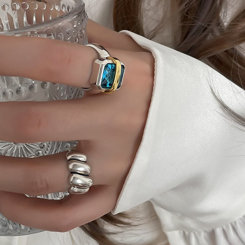 Anelli di fidanzamento con zirconi blu in argento Sterling 925 per coppie di donne regali di gioielli per feste geometrici irregolari fatti a mano Vintage