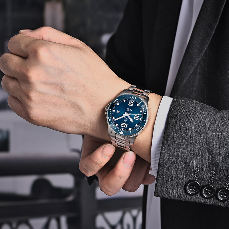 Conquest-Reloj de acero inoxidable para hombre, accesorio masculino de pulsera resistente al agua con mecanismo automático de zafiro, 2024 metros, ocio y ideal para negocios, 100