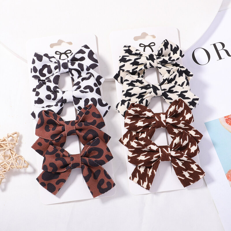 4Pcs/Set Children Cute Leopard Plaid Hair Bows Clip Baby Girls Printed Bowknot Hairpins Barrettes Headwear Kids Hair Accessories