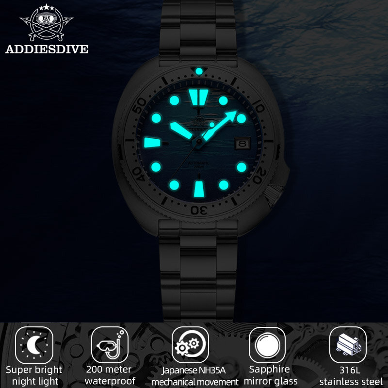 ADDIESDIVE nowy męski zegarek NH35 Super świecący szafirowy oprawa ze stali nierdzewnej 200M wodoodporny automatyczny zegarek nurkowy NH35
